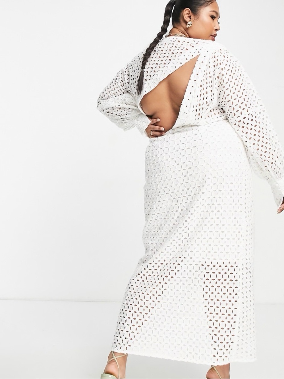 ASOS EDITION Curve wrap front eyelet midi dress blouson sleeve white US 16 NWOT